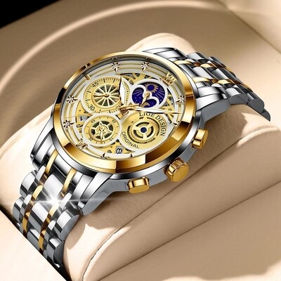 LIGE 2021 Mens Watches Stainless Steel Quartz Watch Man Brand Luxury Moon Phase Wristwatches Waterproof Men Chronograph Relogios