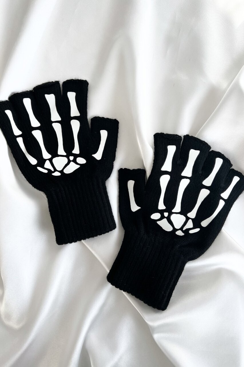 Black Cutout Finger Skeleton Gloves