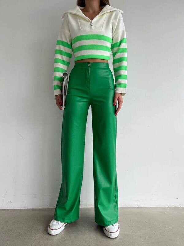 High Waist Green Leather Pants