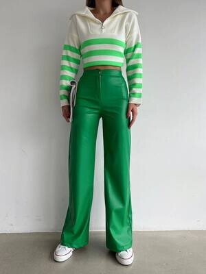 High Waist Green Leather Pants