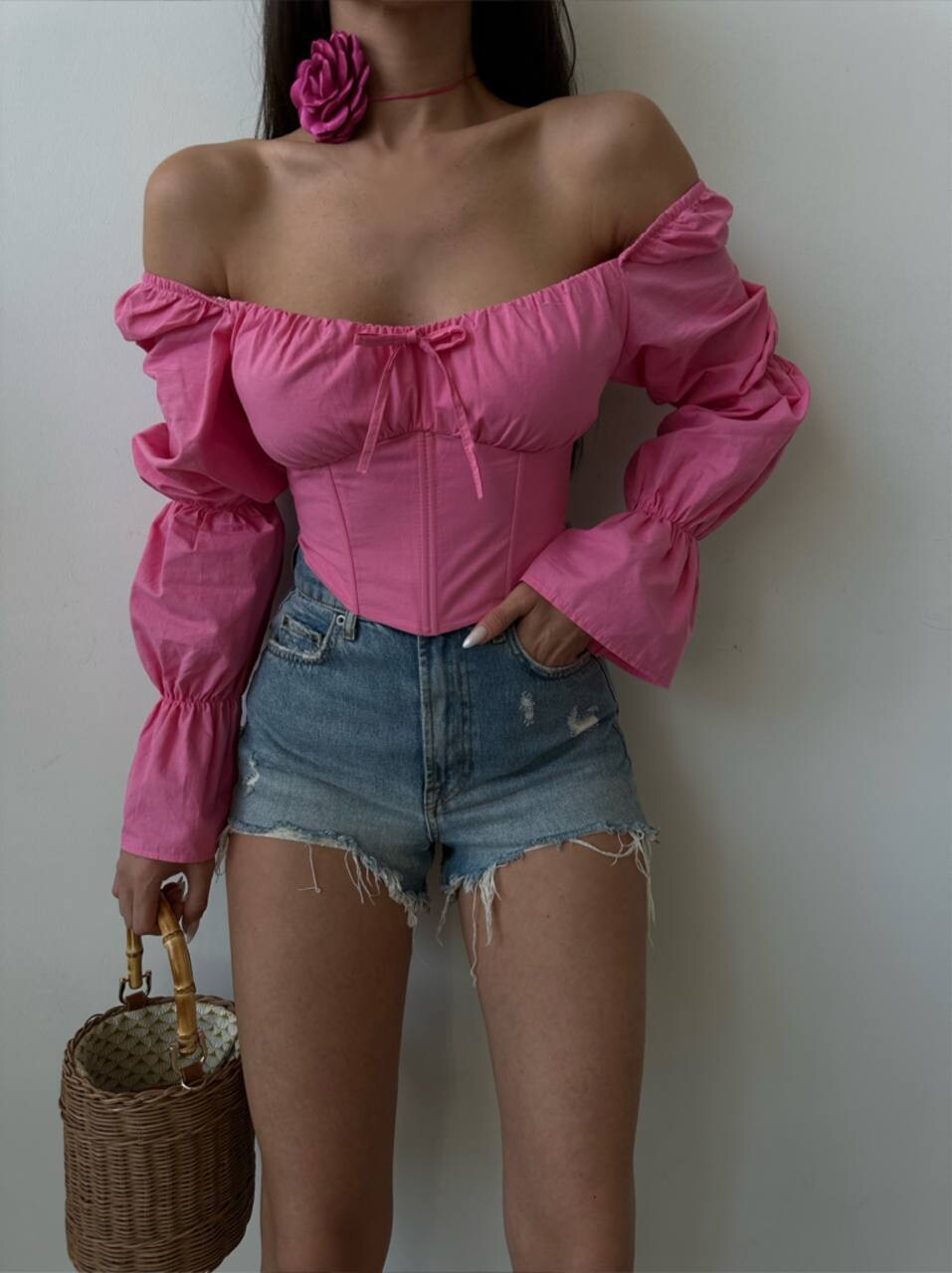Pink Corse Puffer Sleeves Blouse
