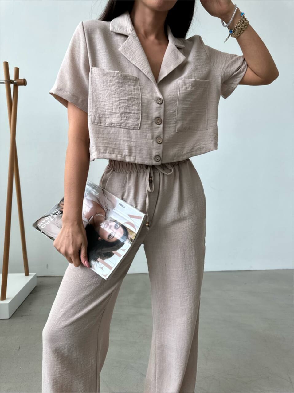 Beige Linen Shirt Pant Set