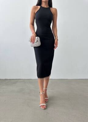 Pearls Detailed Black Midi Dress