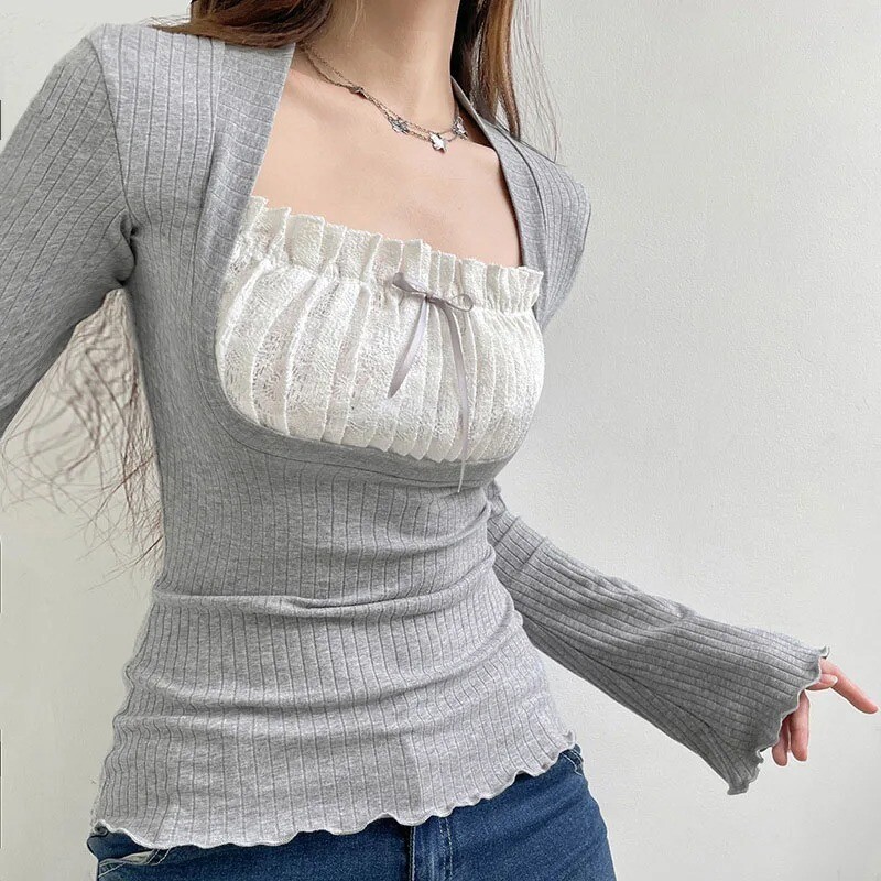 Gray Lace Collar Detailed Long Sleeve Blouse