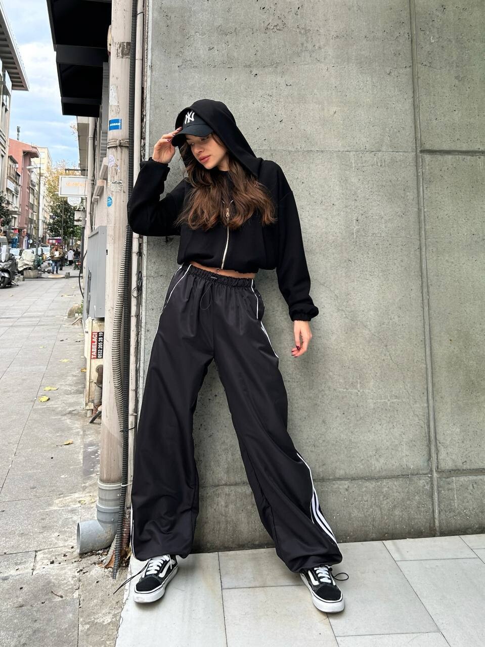 Black Striped Wide Leg Trackpants