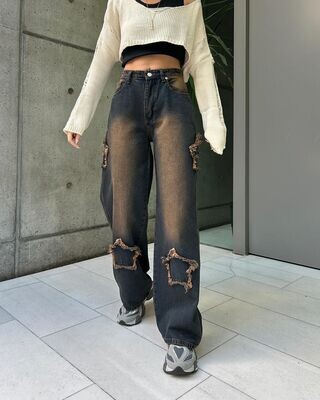 Brown Tinted Stars Wide Leg Jeans