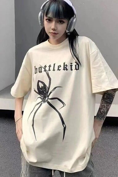 Beige Battlekid Spider Oversized Unisex Tshirt, Size: S