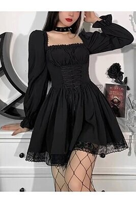 Black Balloon Long Sleeve Gothic Lace Detailed Dress
