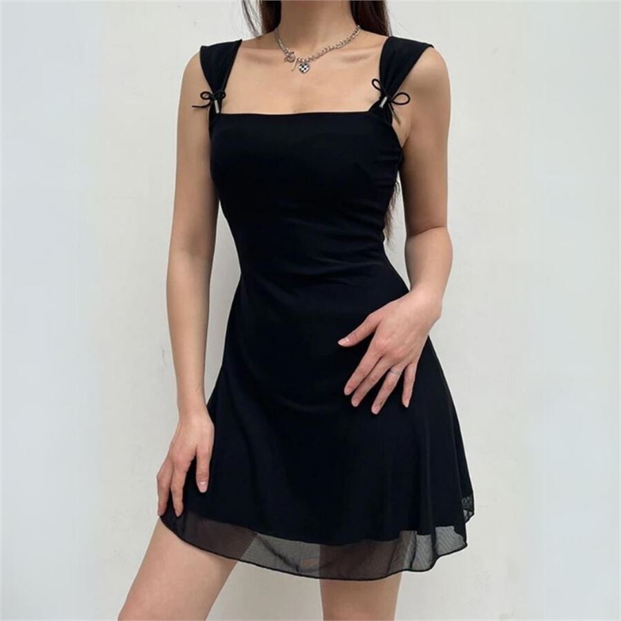 Black Tulle Lace Strap Dress, Size: S