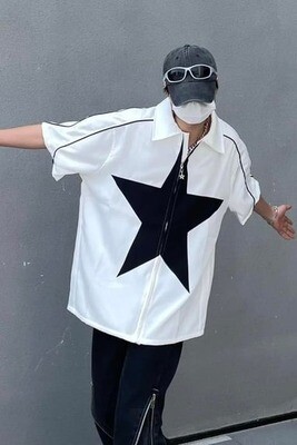White Retro Star 2 Thread Zippered T-Shirt Jacket