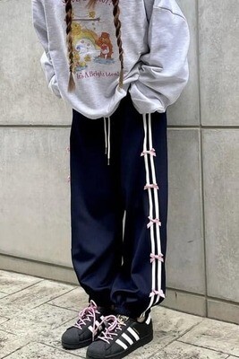 Navy Blue Coquette Ribbon Side Stripe Trackpants 