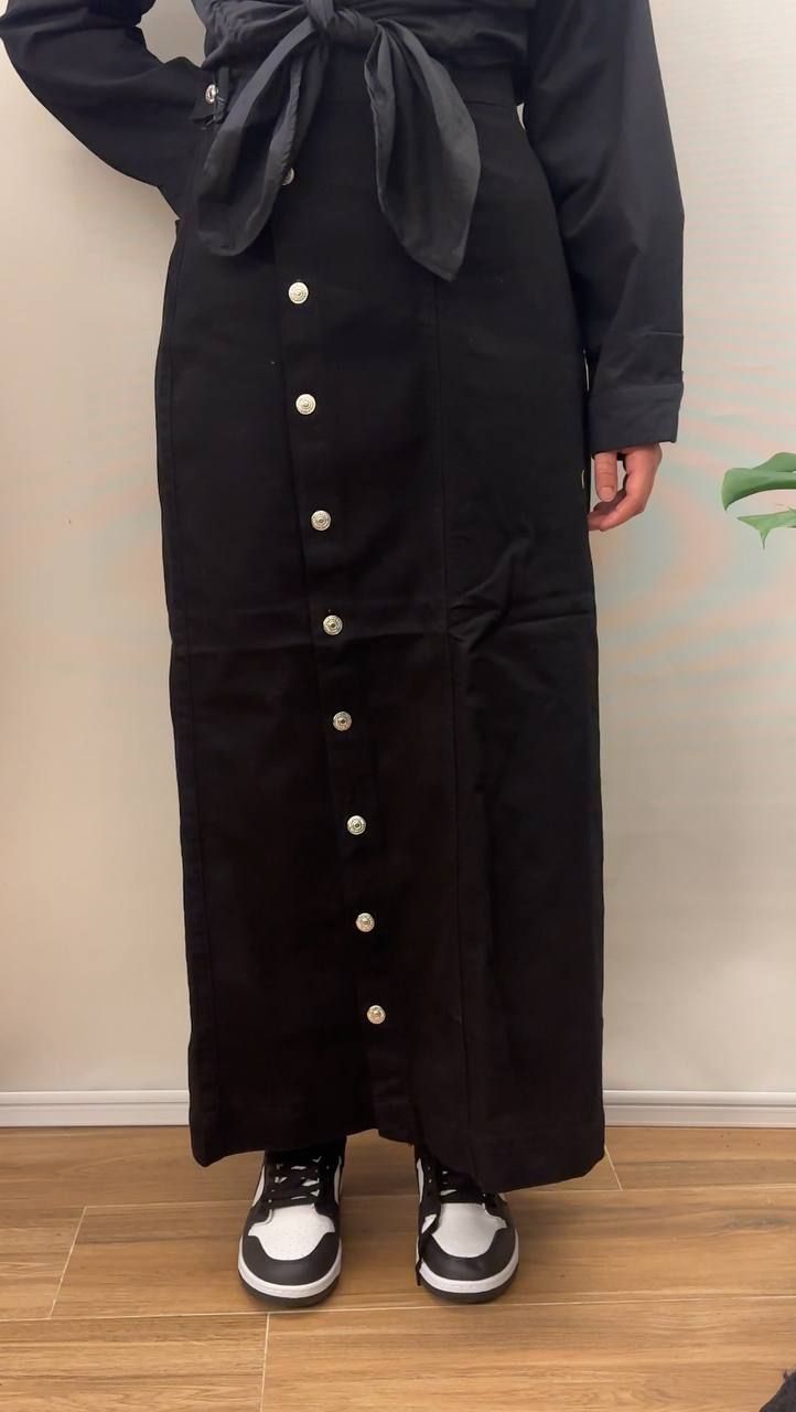 Black Buttoned Straight Maxi Denim Skirt, Size: 36