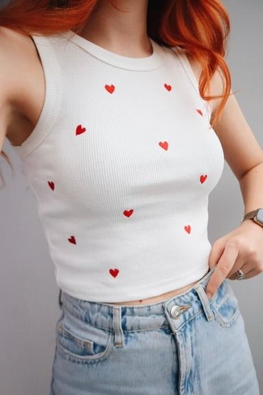 White Heart Embroidery Crop Top