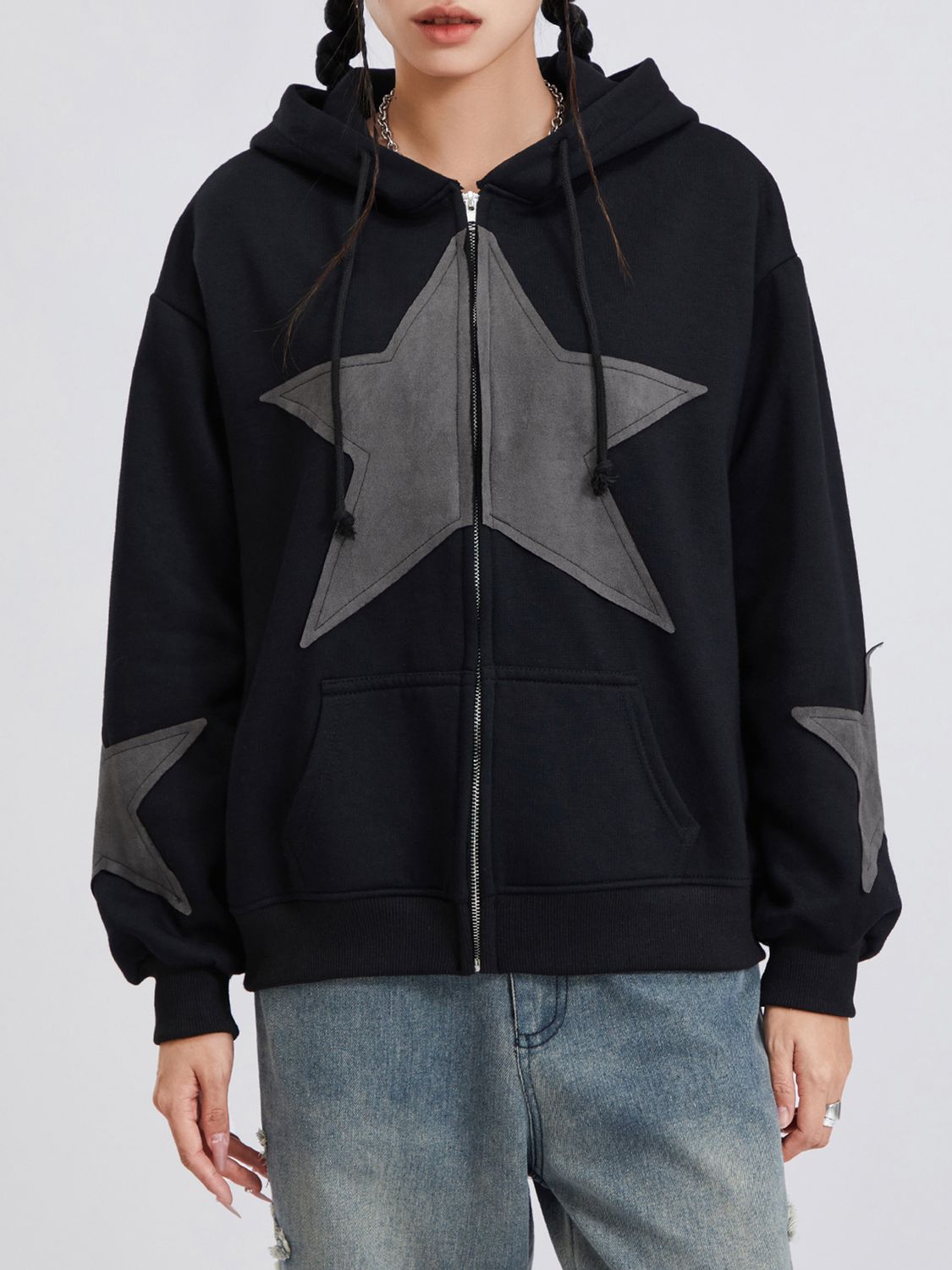 Black Star Oversize Zip Up Hoodie