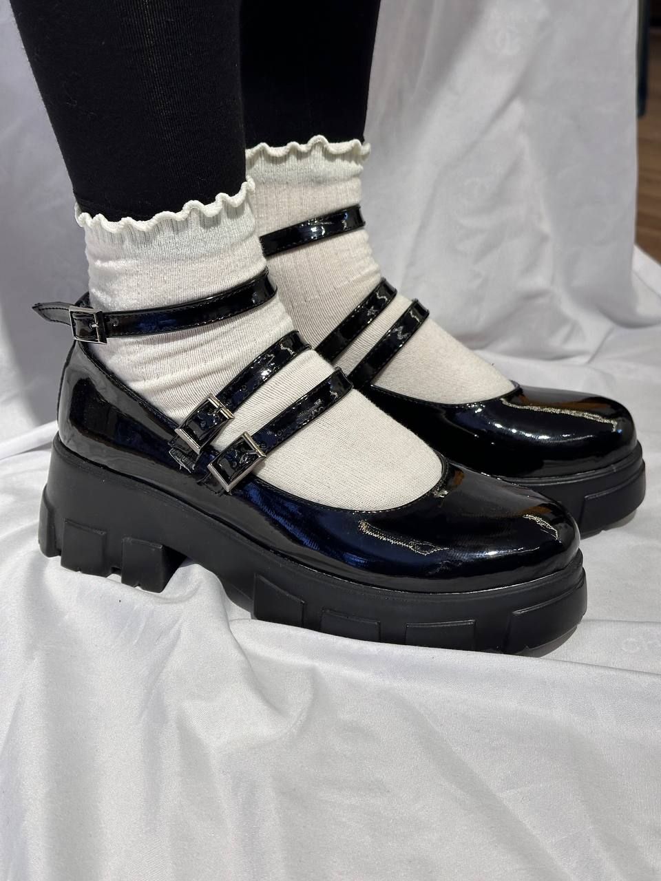 Black Triple Stripe Glossy Lollita Platform Shoes