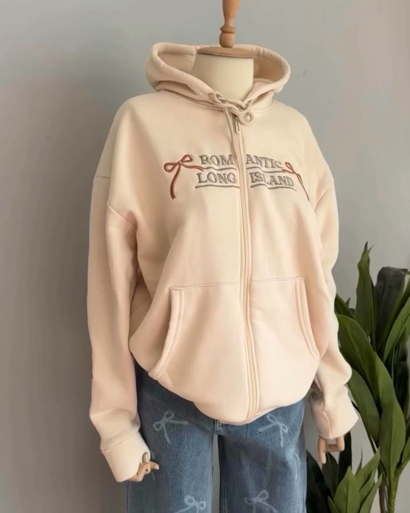 Beige Romantic Long Island Zip Up Hoodie