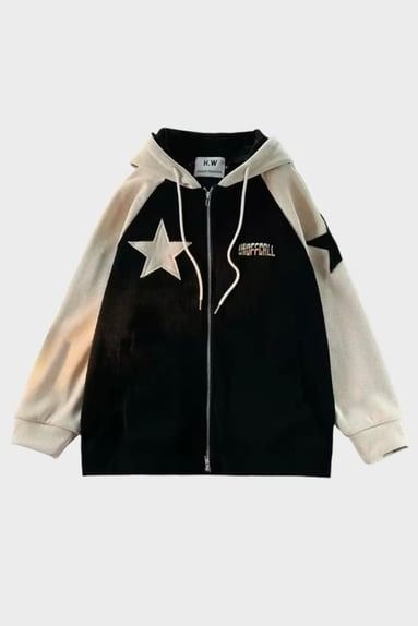 Black Cream Velvet Unoffcall Star Pattern Zip Up Hoodie