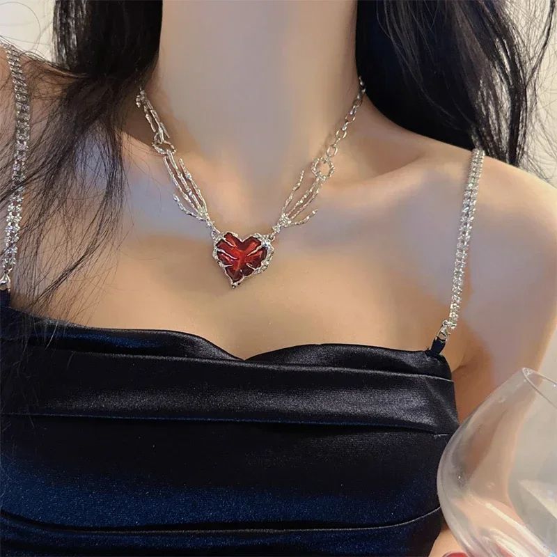 Gothic Ghost Claw Red Heart Necklace