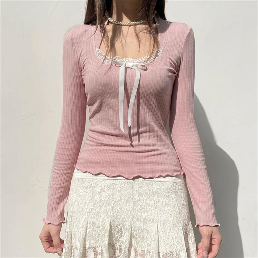 Baby Pink Bow Tie Lace Collar Long Sleeve Blouse