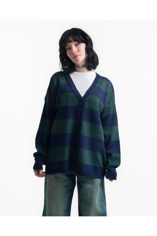Green Navy Blue Striped Oversize Unisex Cardigan