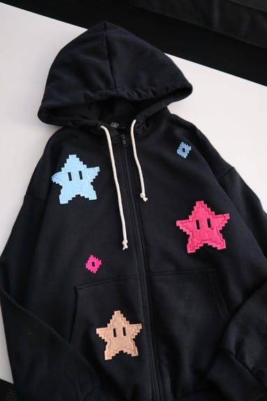Black Smiling Stars Zip-Up Hoodie