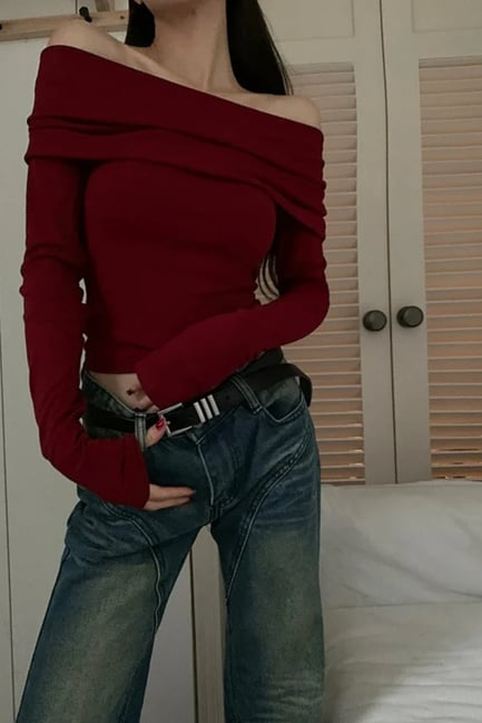Off-Shoulder Burgundy  Blouse