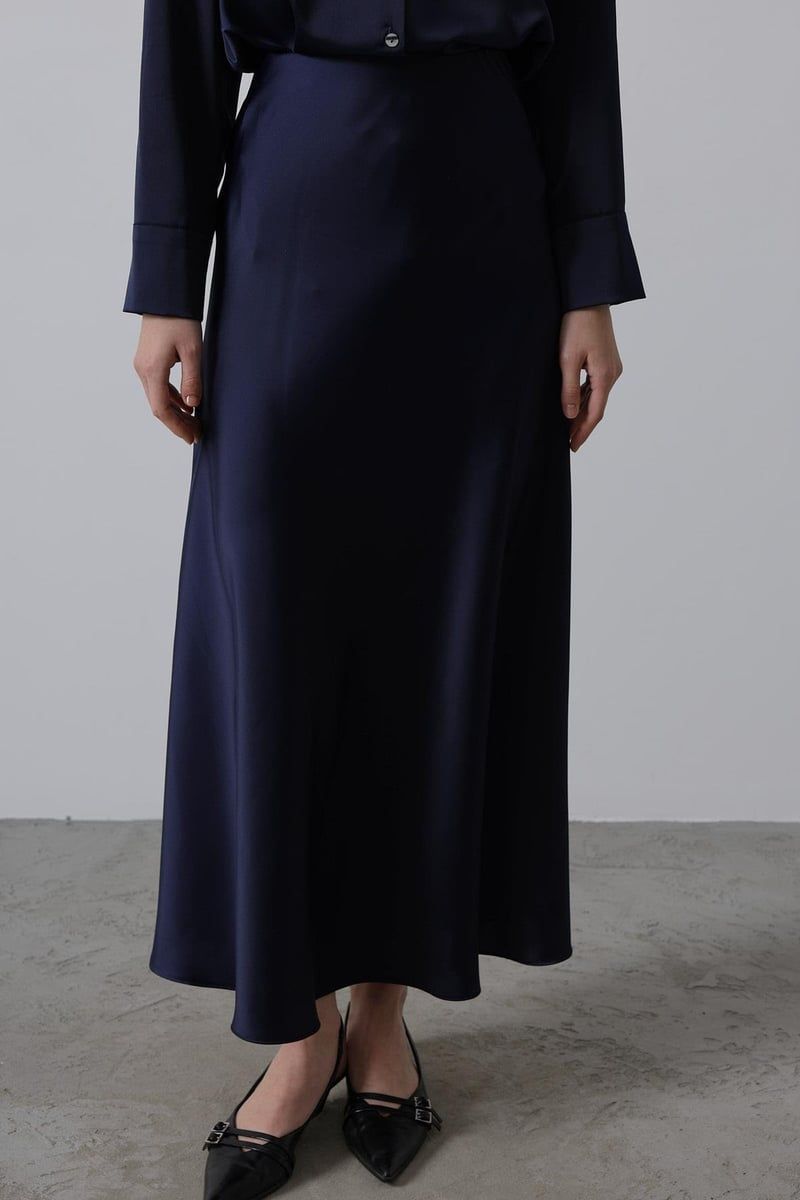 Navy Blue Satin Maxi Skirt