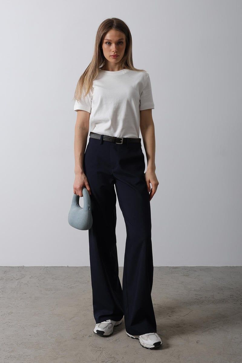 Navy Blue Belted Palazzo Pants