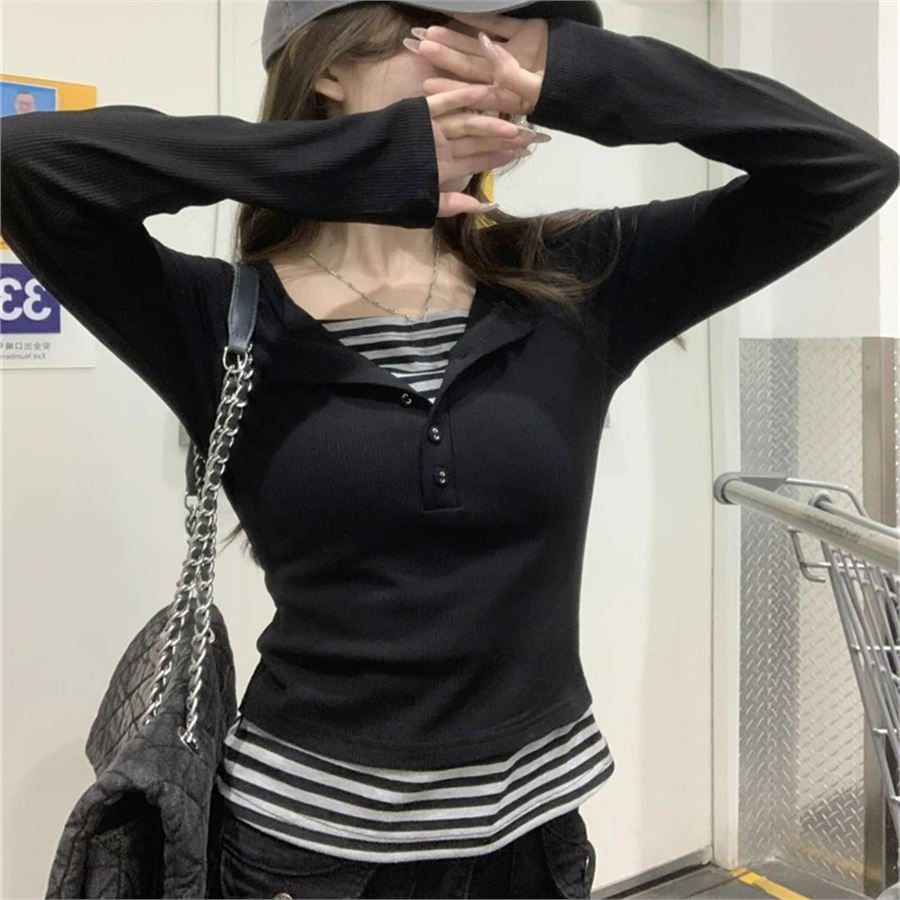 Black Striped Buttoned Long Sleeve Crop Top