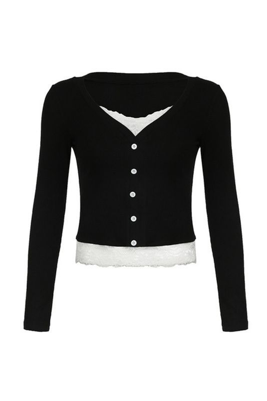 Black Buttoned Lace Collar and Waist Detailed Long Sleeve Crop