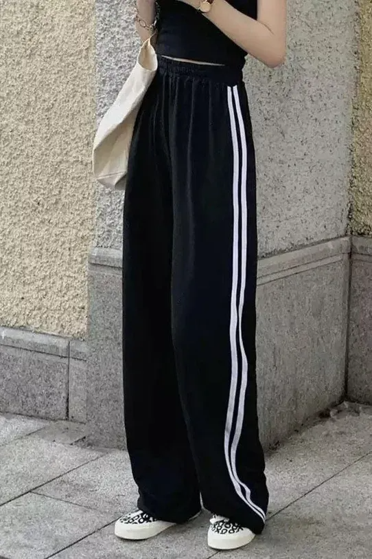 Black Double Striped Wide Leg Sweatpants
