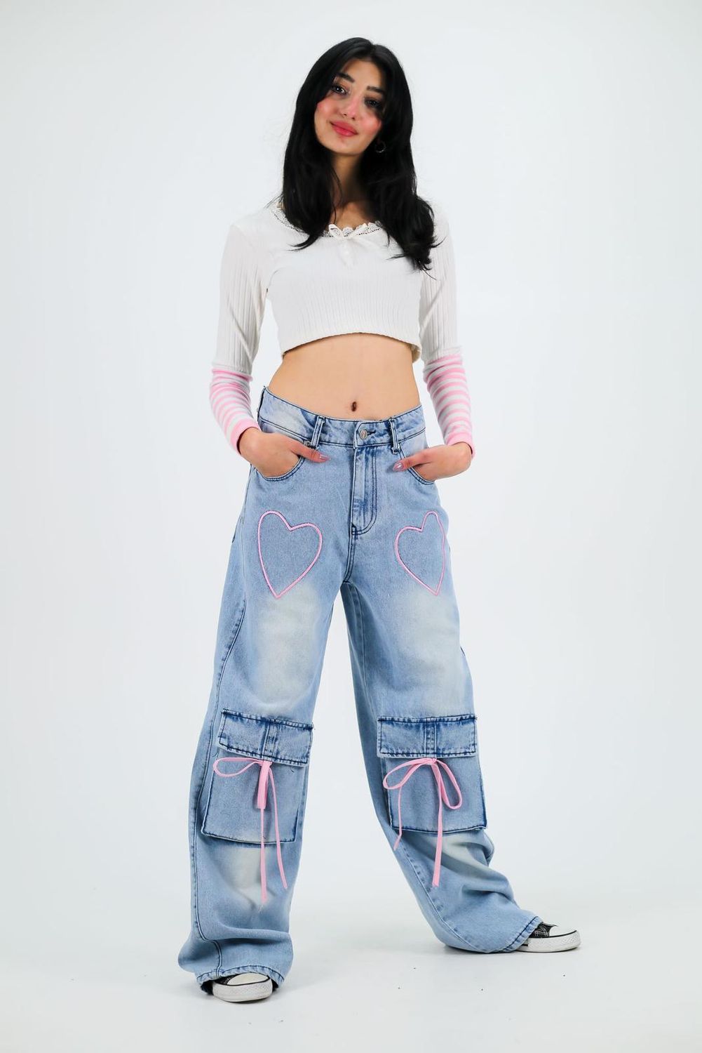 Pink Embroidered Heart Bow Pocket Baggy Jeans