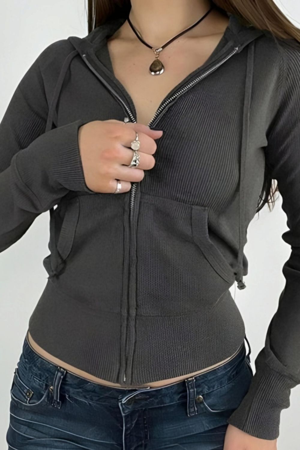 Fumed Ribbed Y2K Zip Up Hoodie
