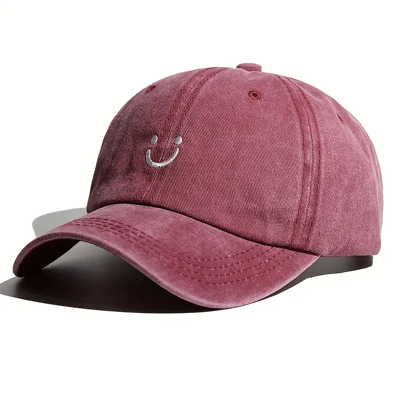 Burgundy Embroidered Smiley Baseball Cap