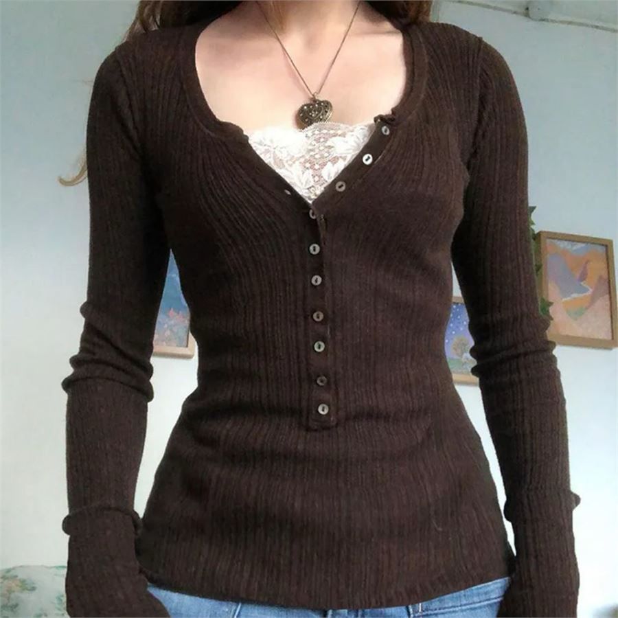 Brown Button Detailed Lace Collar Long Sleeve Top