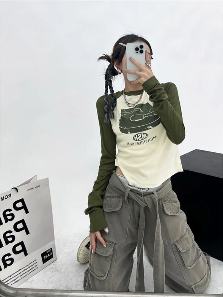 Khaki Retro 5 Raglan Long Sleeve Top