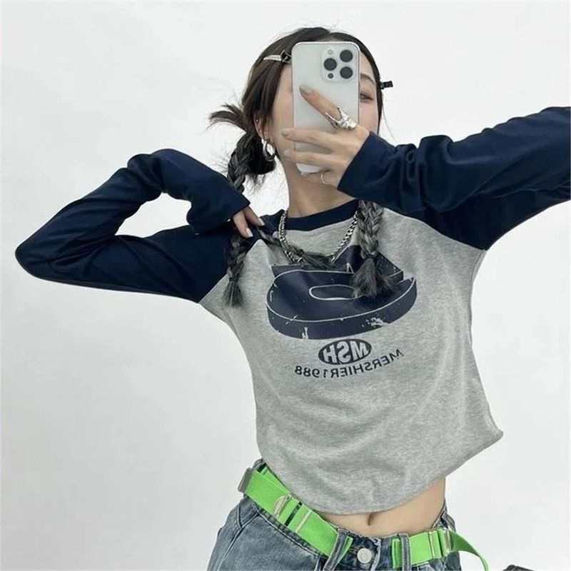 Navy Blue Retro 5 Raglan Long Sleeve Top