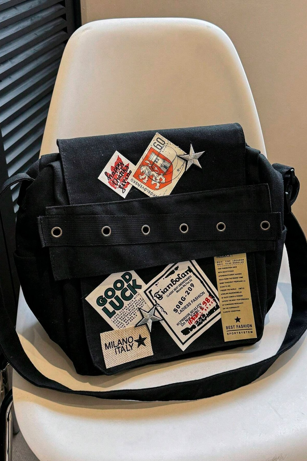 Black Realistic Y2K Printed Patched Messenger Bag