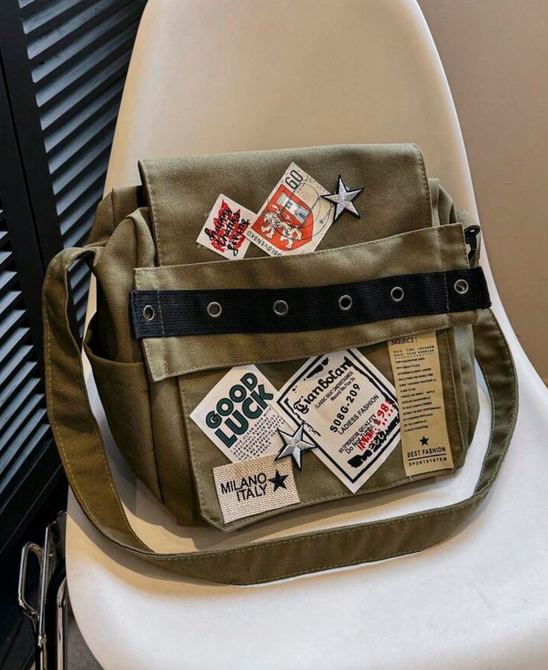 Khaki Realistic Y2K Printed Patched Messenger Bag