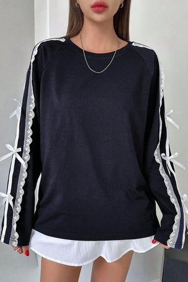 Navy Blue Lace Ribbon Long Sleeve Top