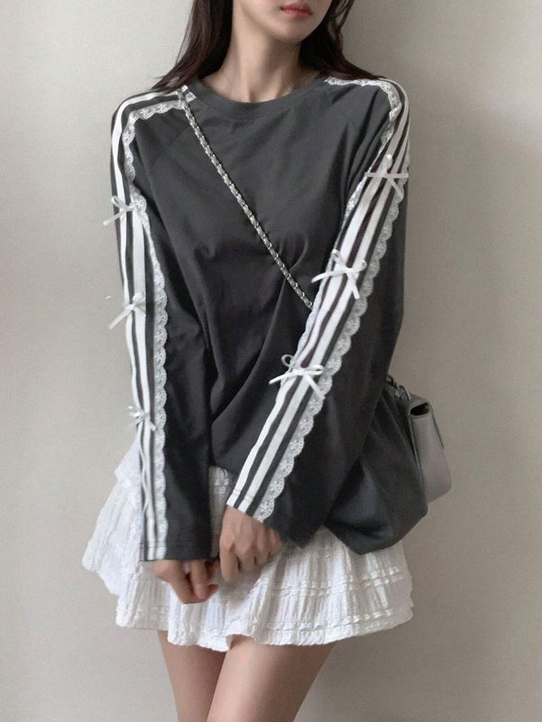 Fumed Lace Ribbon Long Sleeve Top