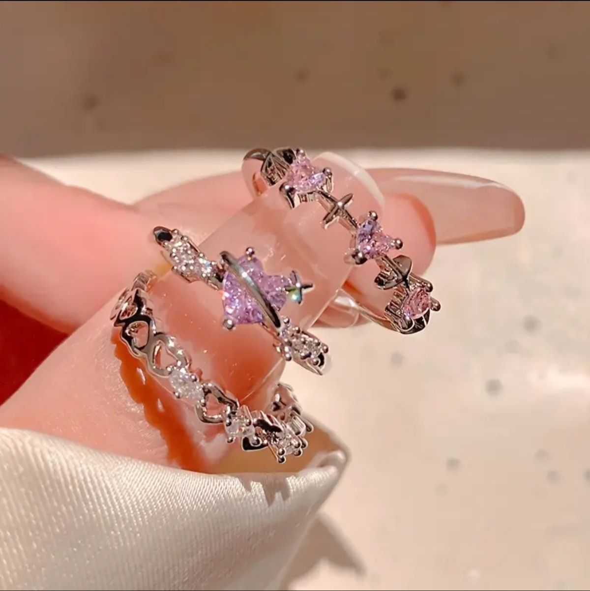 3pcs cute Pink Heart rings