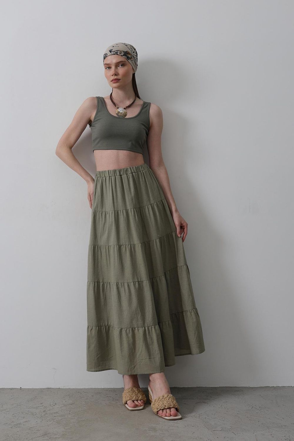 Khaki Linen Layered Skirt