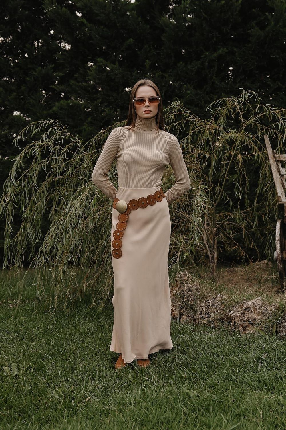 Nude Satin Maxi Skirt