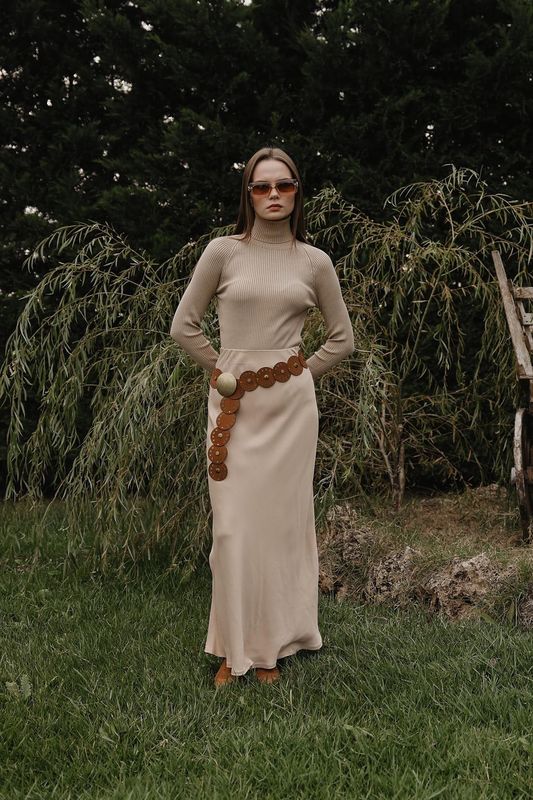 Nude Satin Maxi Skirt
