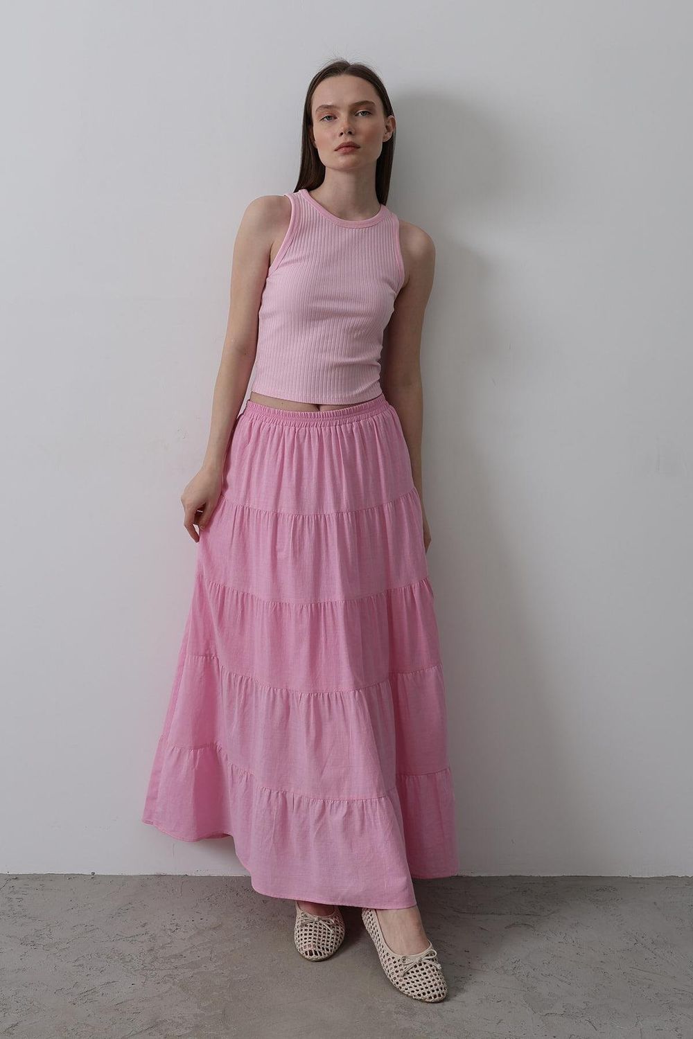 Pink Linen Layered Skirt