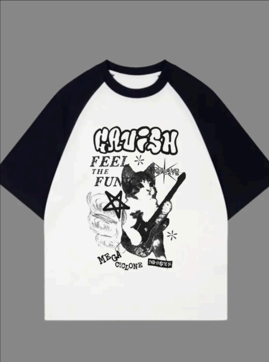 Cat guitar Black Oversized Raglan Unisex Tshirt