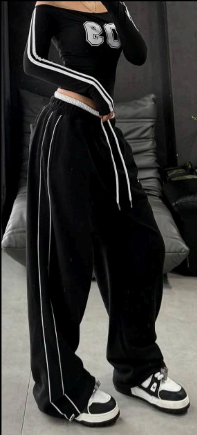Black Double Waist Adjustable Sweatpants