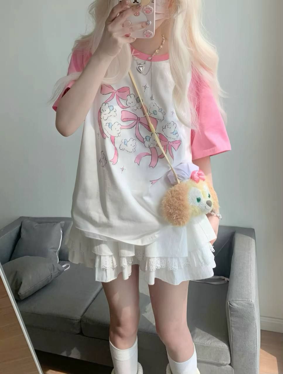 Pink Raglan Bunny Bows Oversized Unisex Tshirt