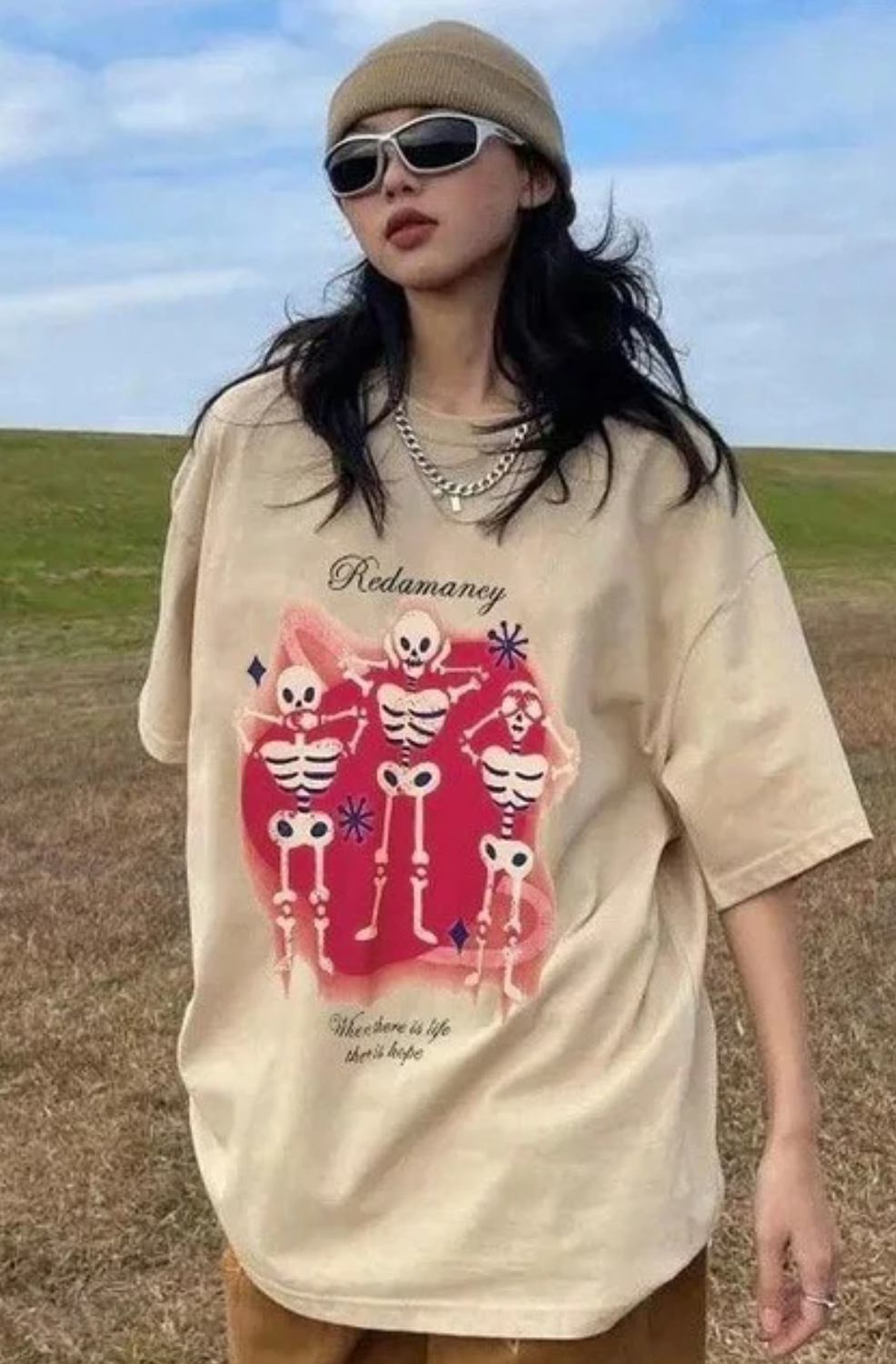 Redamancy Skeleton Beige Oversized Unisex Tshirt